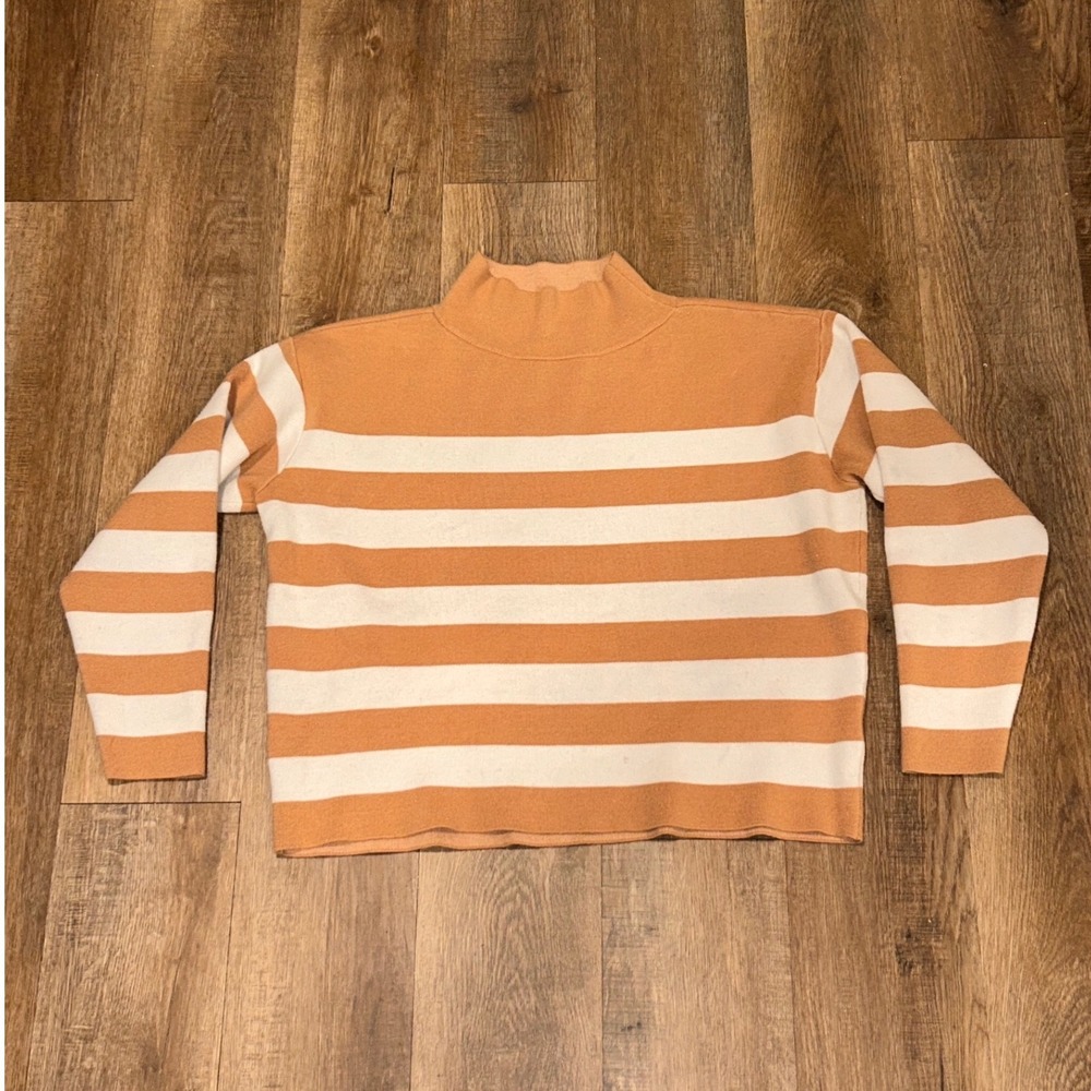 Maeve Anthropologie Womens Small Striped Mock Neck Sweater Brown Cream Pullover